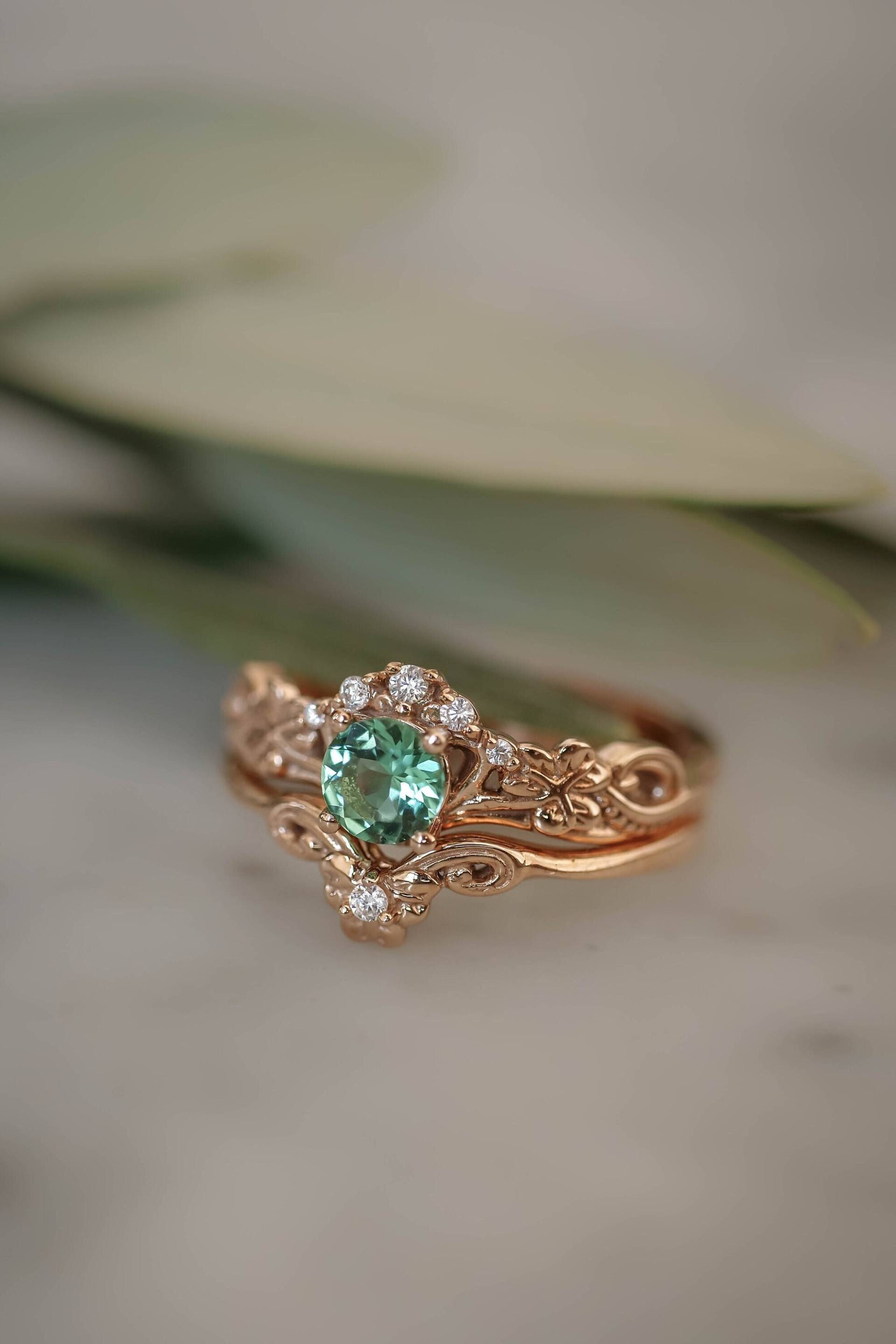 Kleeblatt Ring, Rose Gold Braut Ring Set, Mint Turmalin Natur Verlobungsring, Blatt Blätter Stapelringe von EdenGardenJewelry