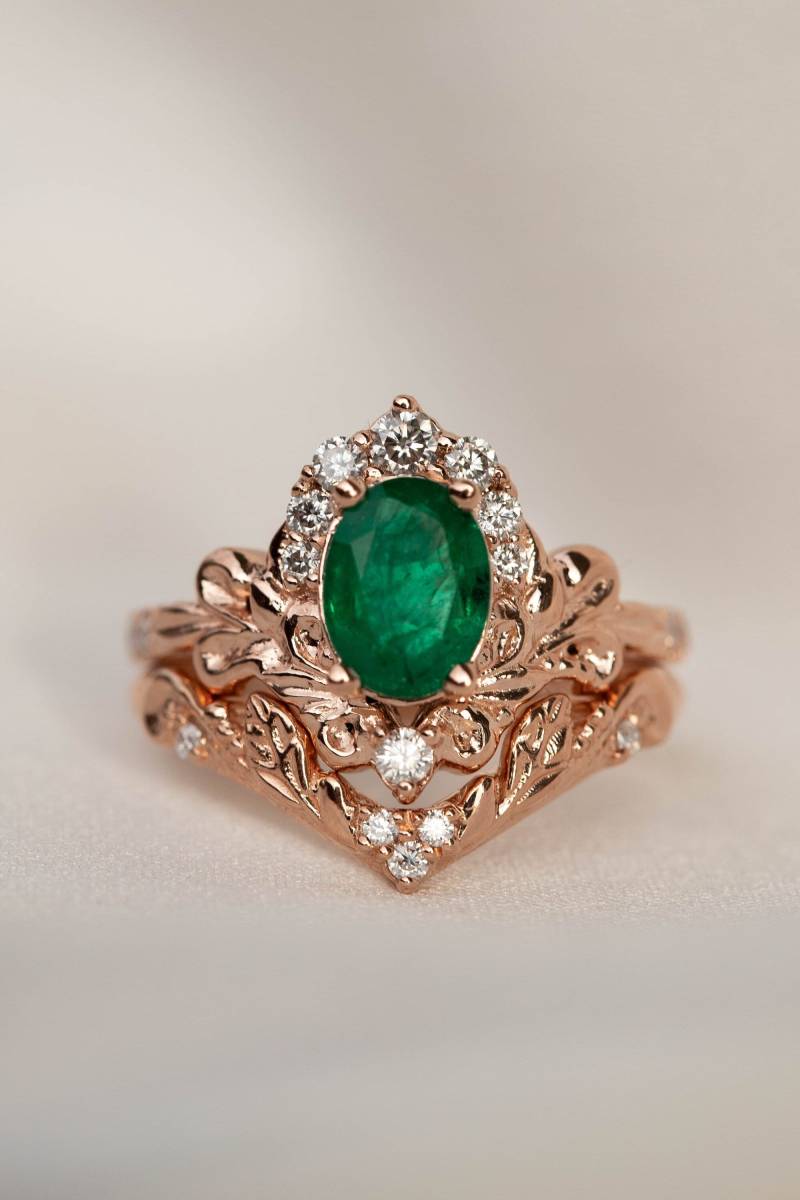 Kunstvolles Verlobungsring Set, Natürlicher Smaragd Ring Mit Diamanten, 2stk Brautring Barock Inspirierte Verlobung in 14K Oder 18K Gold von EdenGardenJewelry