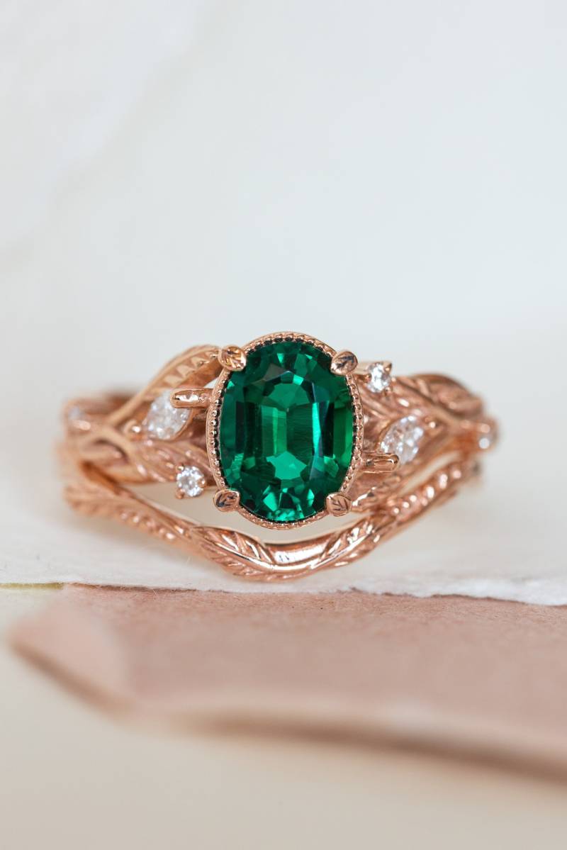 Lab Smaragd Und Akzent Diamanten Verlobungsring Set, Natur Inspirierte Stapelringe Set Für Braut, Roségold-Verlobungsring 14K Oder 18K Gold von EdenGardenJewelry