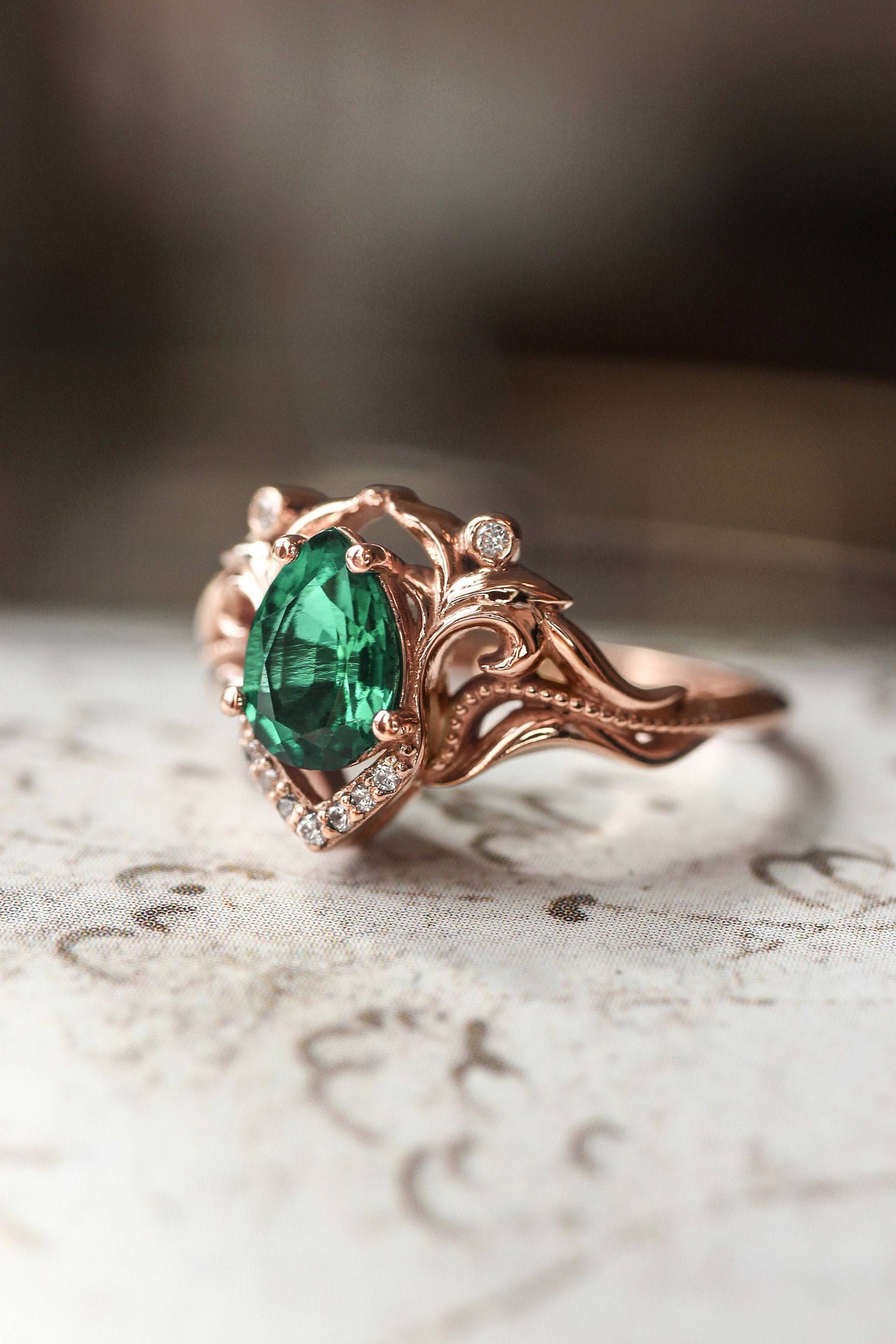 Labradorit Und Moissanite Ring, Einzigartiger Verlobungsring, Tropfen Blätter Smaragd Jugendstil Ring Für Frau von EdenGardenJewelry