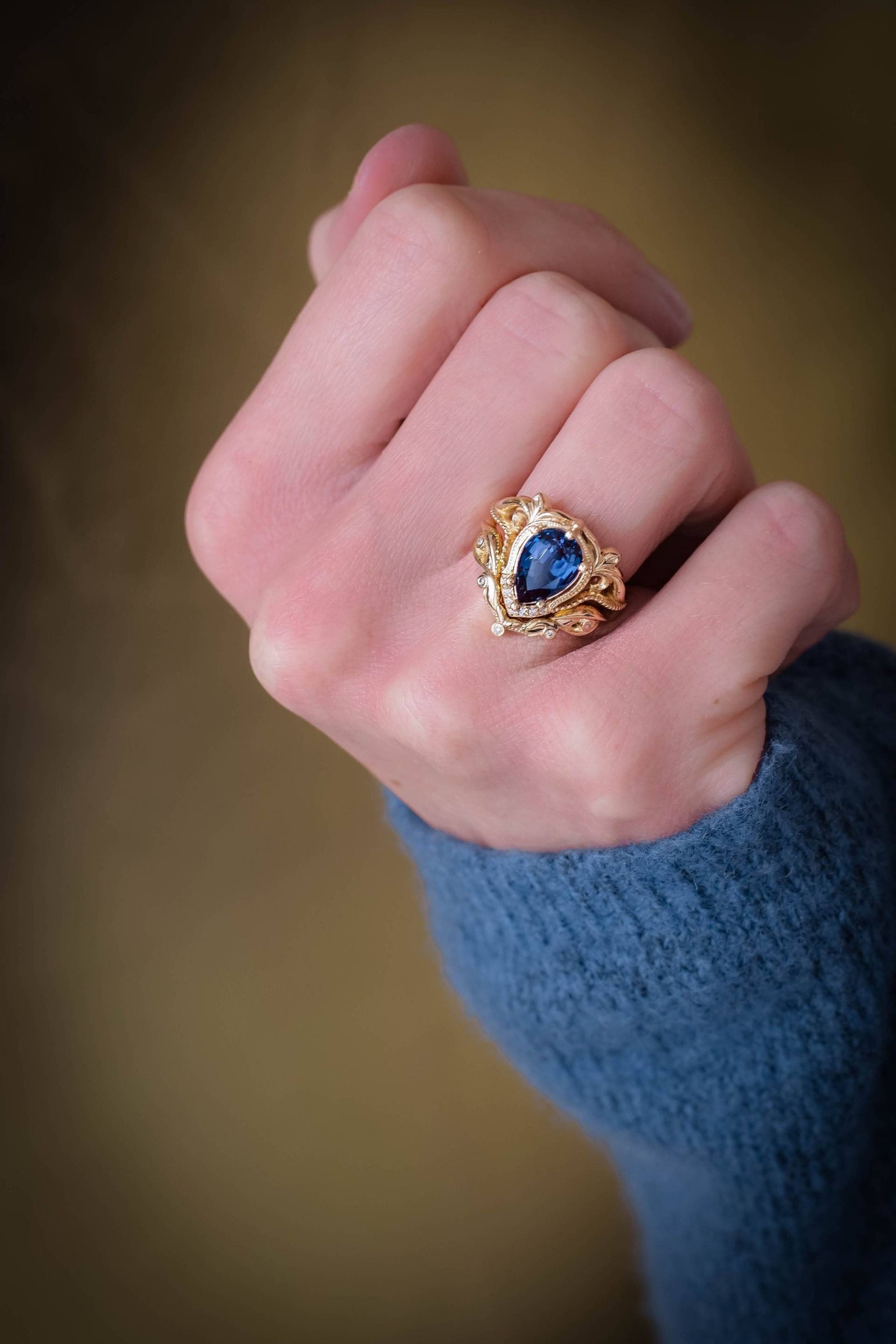 London Blue Topas Verlobungsring Set Mit Diamant Blatt Ehering, Verzierte Jugendstil Ring Set, Passende Brautringe Für Frauen von EdenGardenJewelry