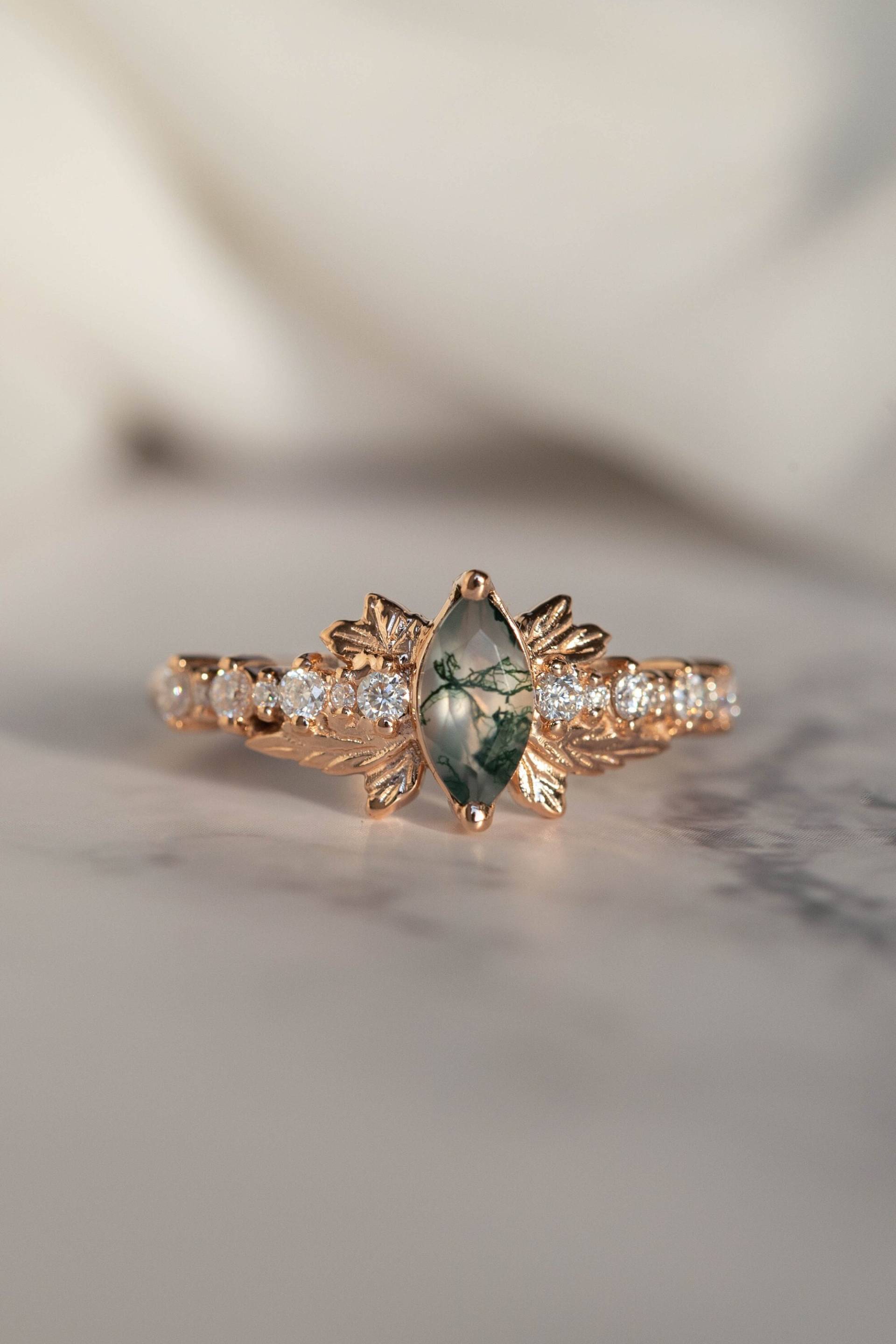Marquise Schliff Moos Achat Rose Gold Verlobungsring, Diamant Band Mit Blättern, Natur Inspiriert Unikat Ring in 14K von EdenGardenJewelry