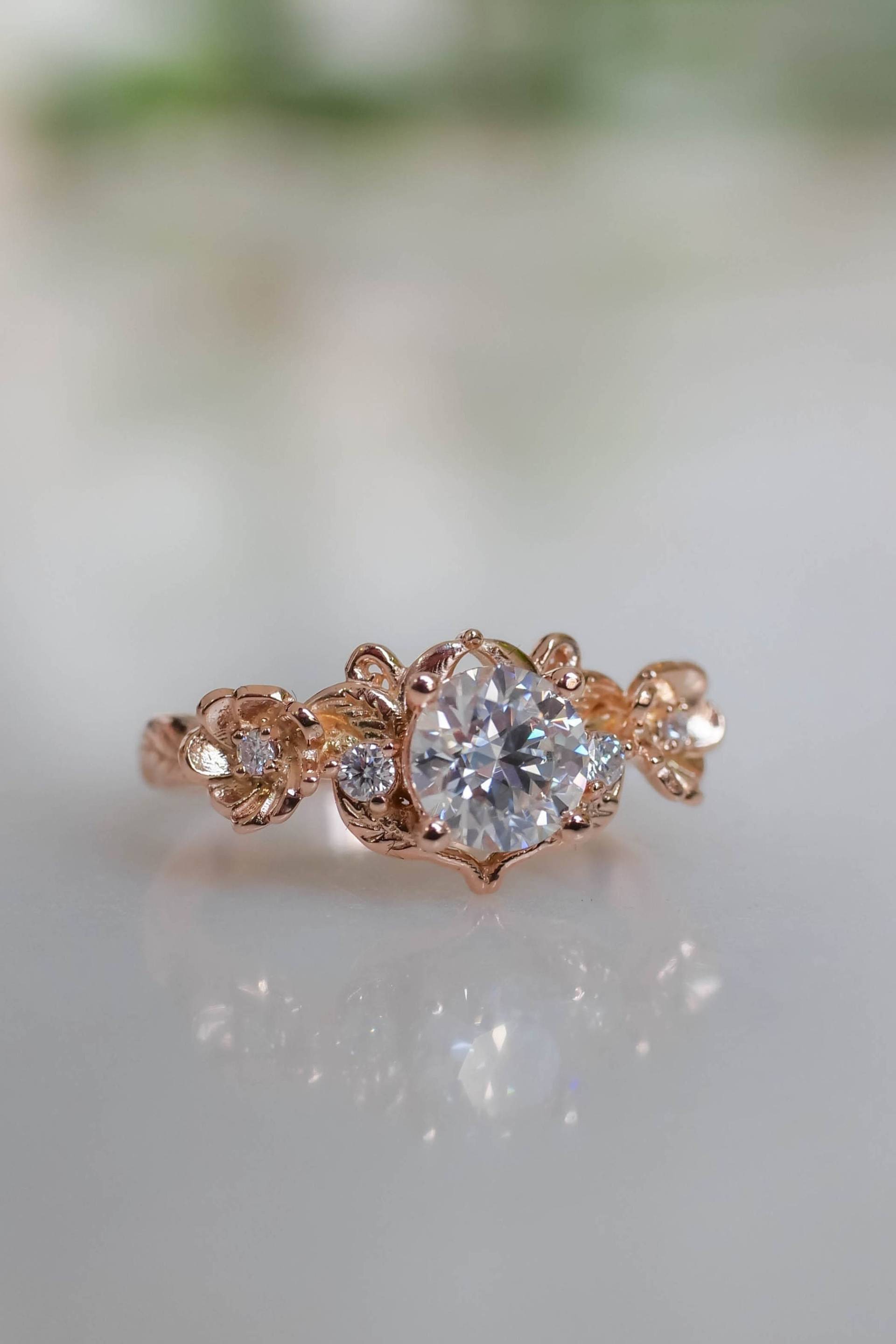 Moissanite Blume Verlobungsring Rose Gold, Ungewöhnlicher Blumen Diamant Ring - Natur Inspiriert Ast Und Zweig Blatt Ring, Einzigartiger Versprechen von EdenGardenJewelry