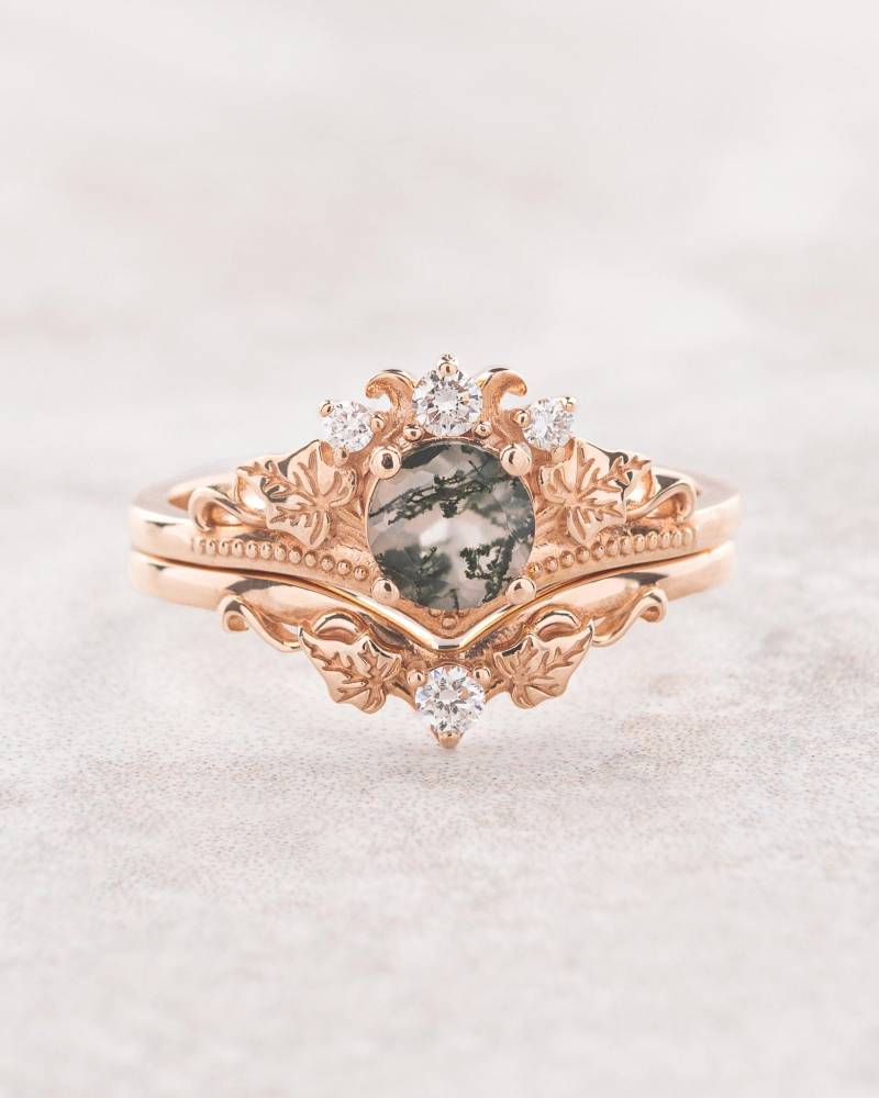 Moosachat Efeu Ring Set Für Alternative Verlobung, Und Passender Verzierter Ehering Aus Goldblättern Mit Diamanten von EdenGardenJewelry