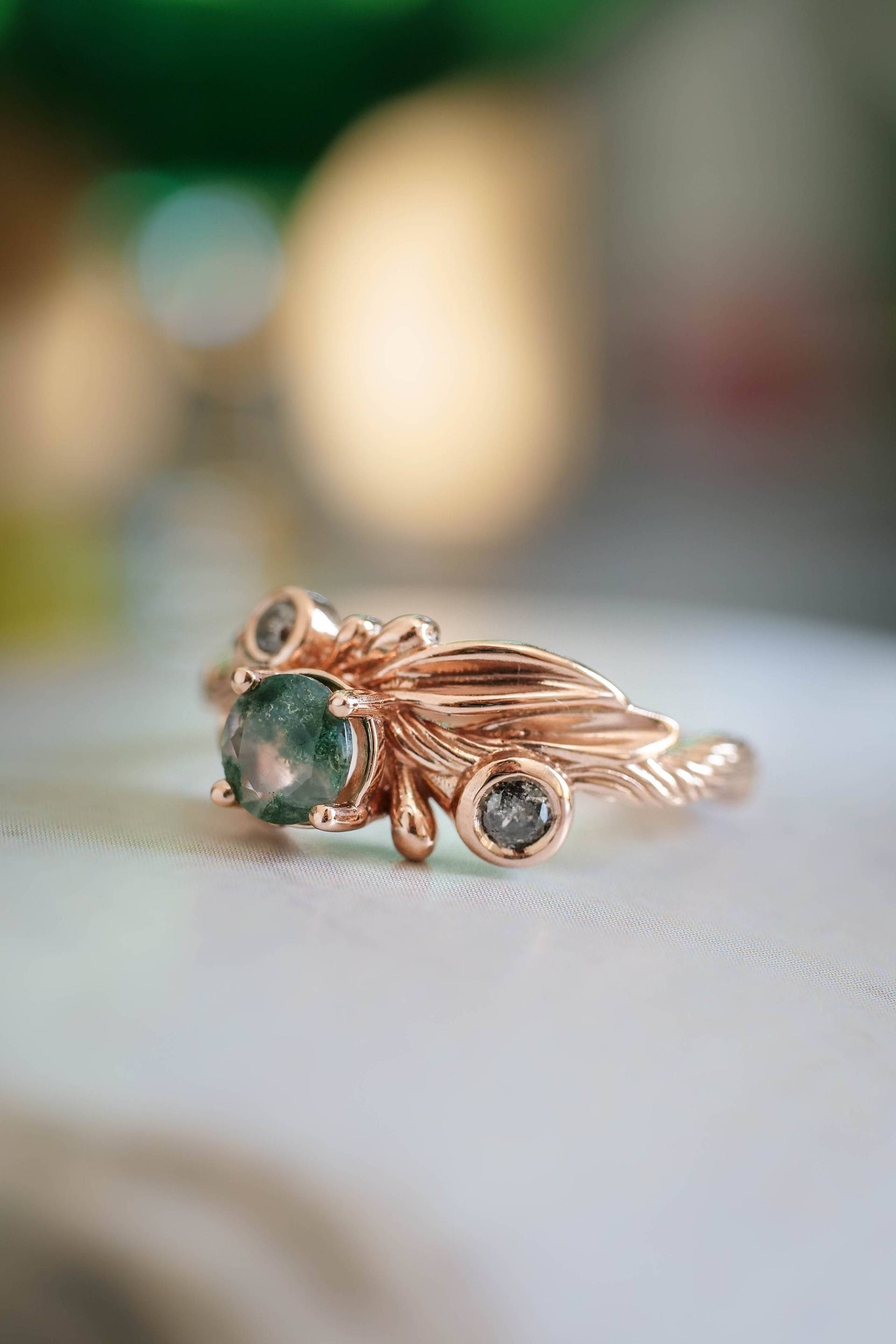 Moosachat Ring, 18K Blattgold, Salz Und Pfeffer Diamant Akzent von EdenGardenJewelry