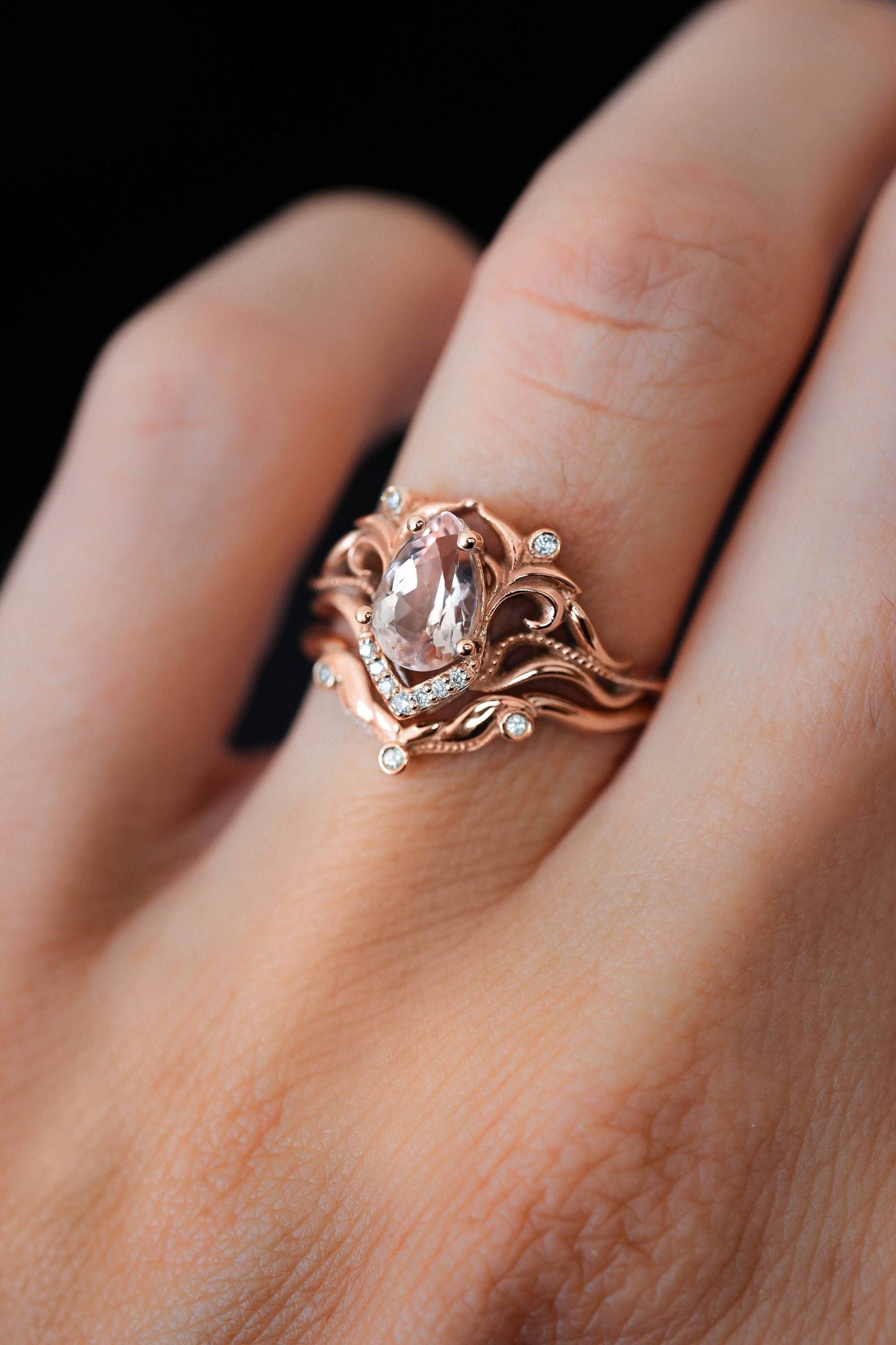 Morganit Brautring Set, Und Diamanten Verlobungsring, Jugendstil Ring, Stapelring Rosegold Ring Für Frau von EdenGardenJewelry