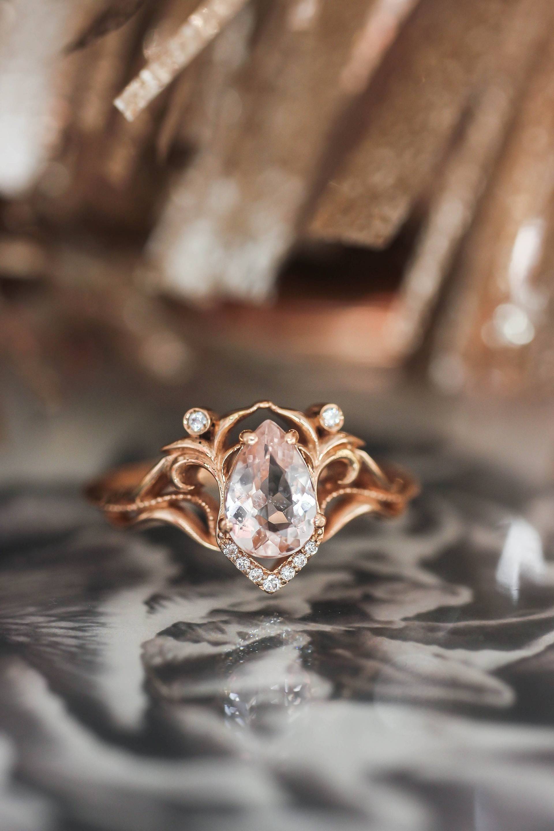 Morganit Und Diamanten Ring, Natur Verlobungsring, Vintage Inspirierte Hochzeit, Blätter Rosa Einzigartiger Ring Für Frau von EdenGardenJewelry