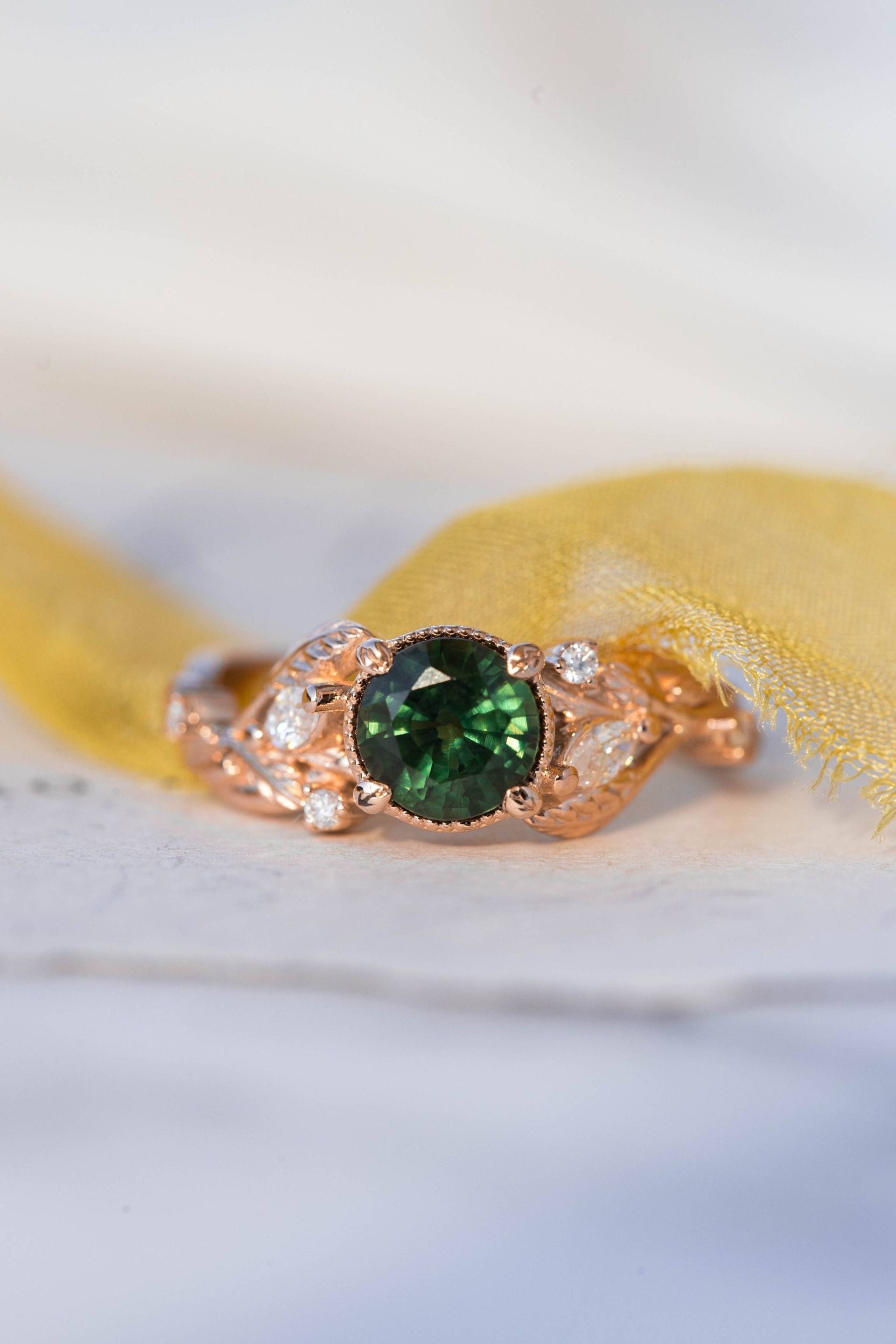 Natürlicher Grüner Saphir Verlobungsring Mit Marquise Diamanten Blättern, Natur Inspirierter Ring Für Braut, Rose Gold 14K Oder 18K von EdenGardenJewelry