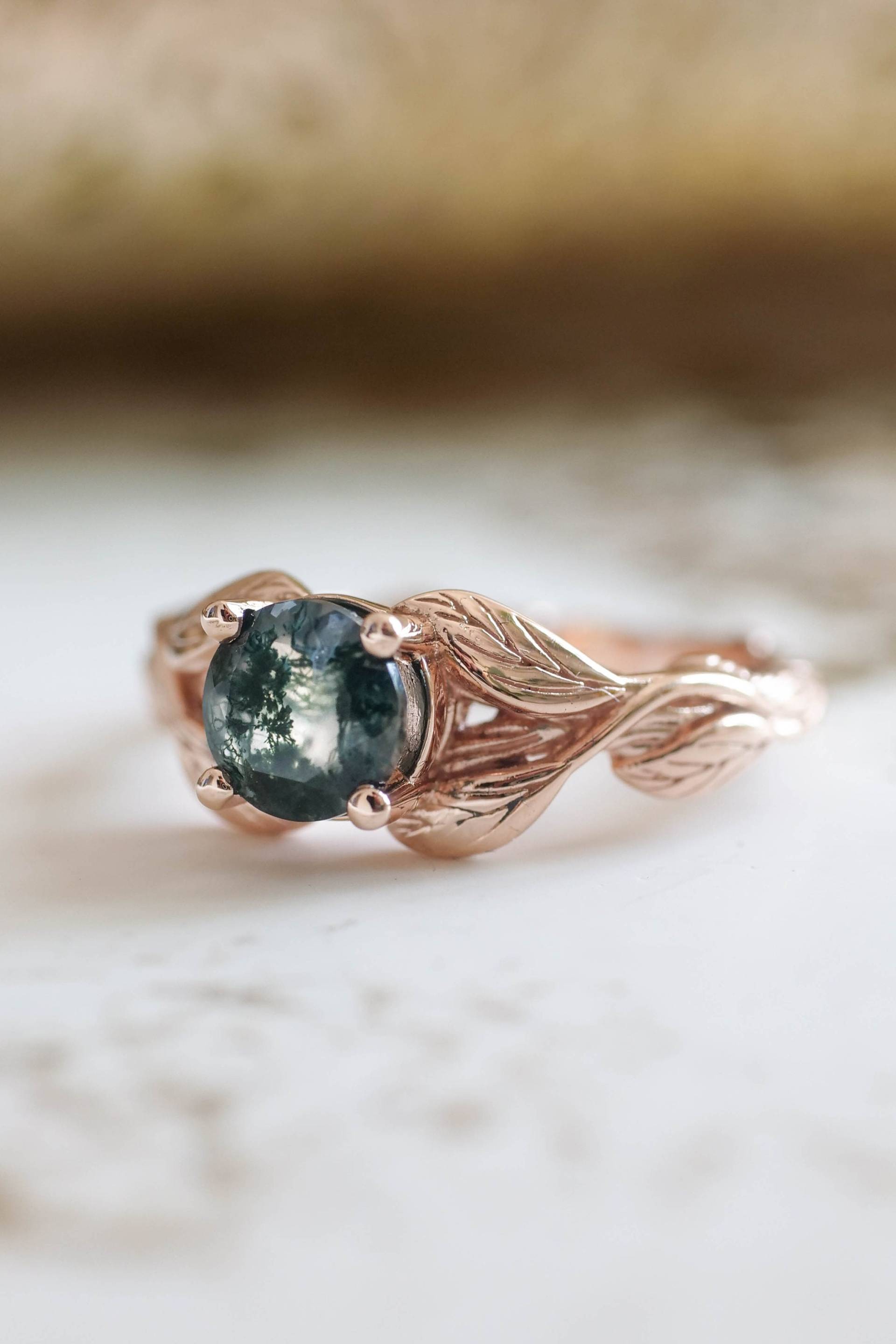 Natürlicher Moos Achat Verlobungsring, Grüner Ast Ring, Elfen Hochzeit Ring Inspiriert Von Der Natur von EdenGardenJewelry