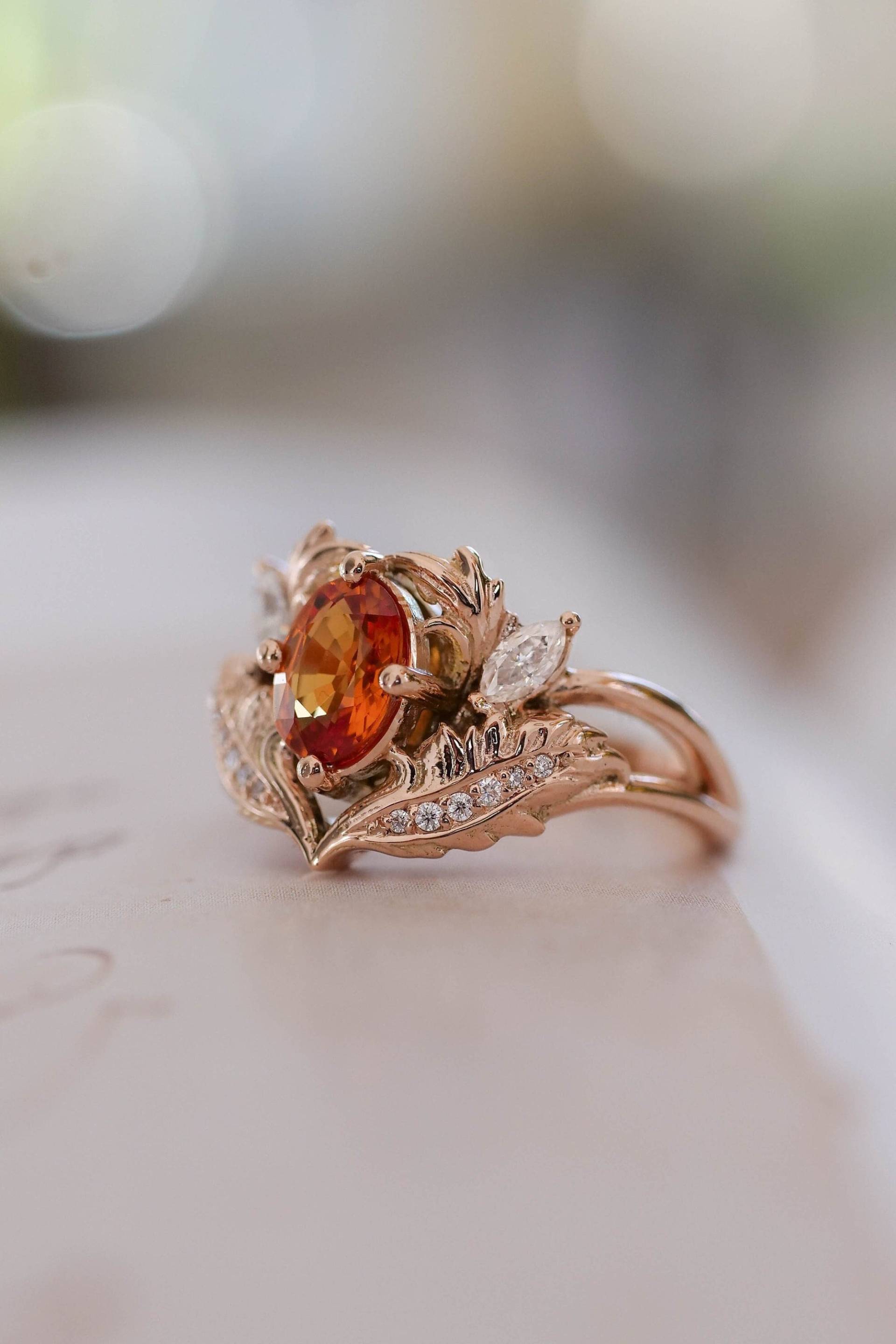 Orange Saphir Verlobungsring, Blätter Ring Mit Diamanten, Natur Inspirierter Vintage Stil Ring, Roségold Blatt von EdenGardenJewelry