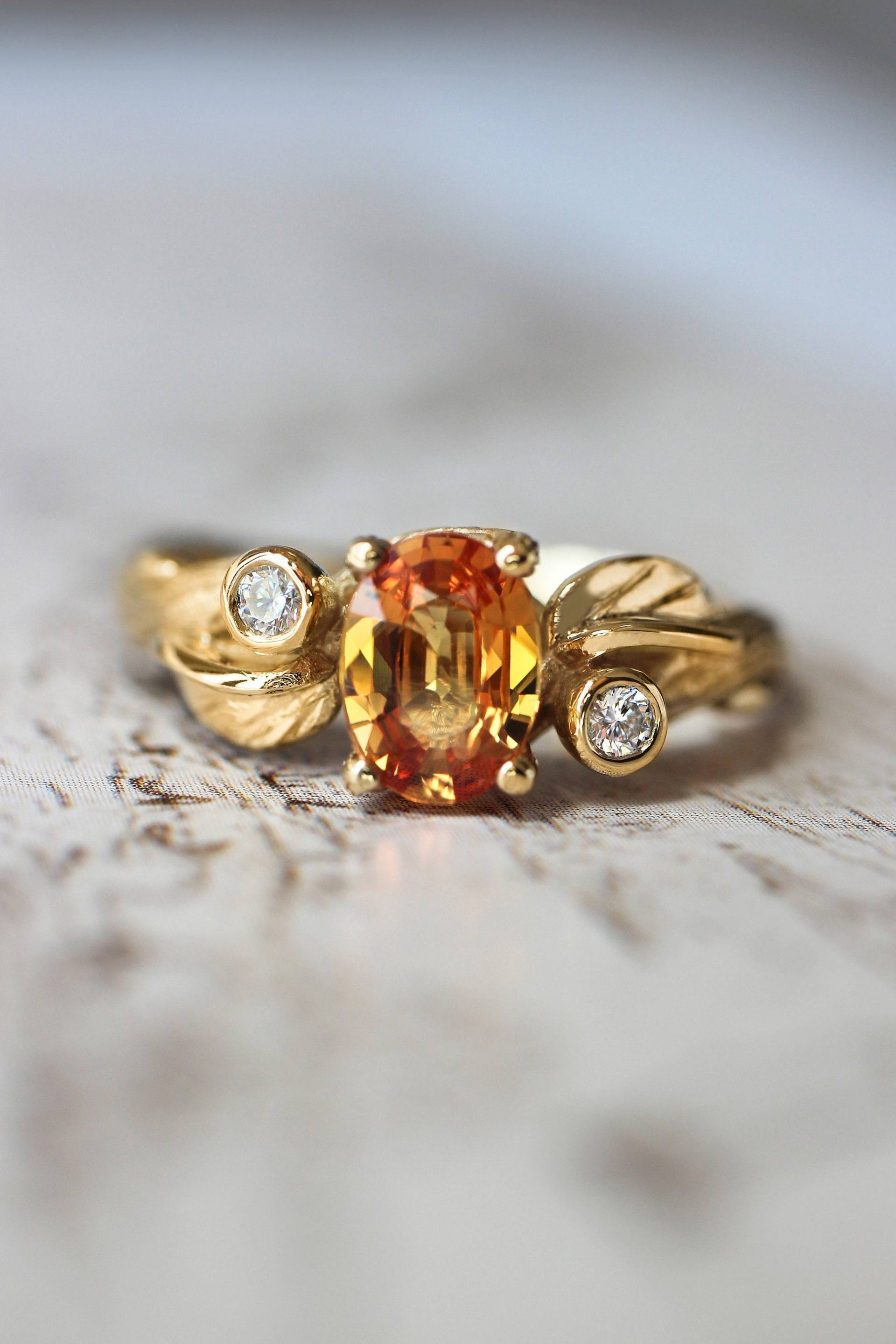 Orange Saphir Verlobungsring, Goldzweig Ring, Blatt Verlobungsring Mit Diamanten, Moissanite Zweig Ehering, Natur Ring von EdenGardenJewelry