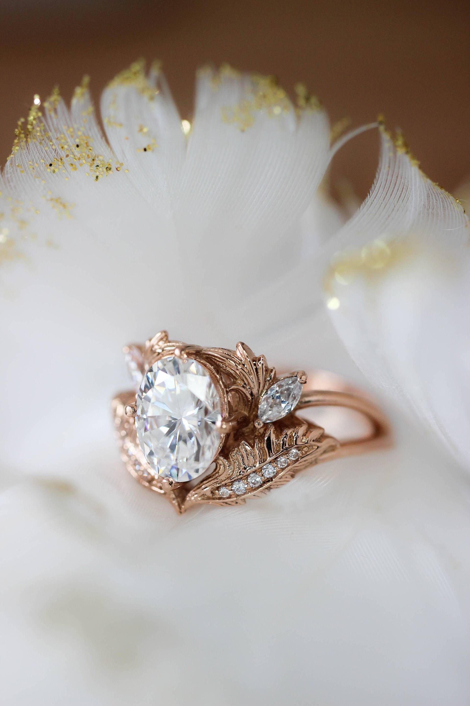 Ovaler Moissanite Verlobungsring, Blätter Ring, Natur Einzigartiger Ring Für Frau, Roségoldring von EdenGardenJewelry