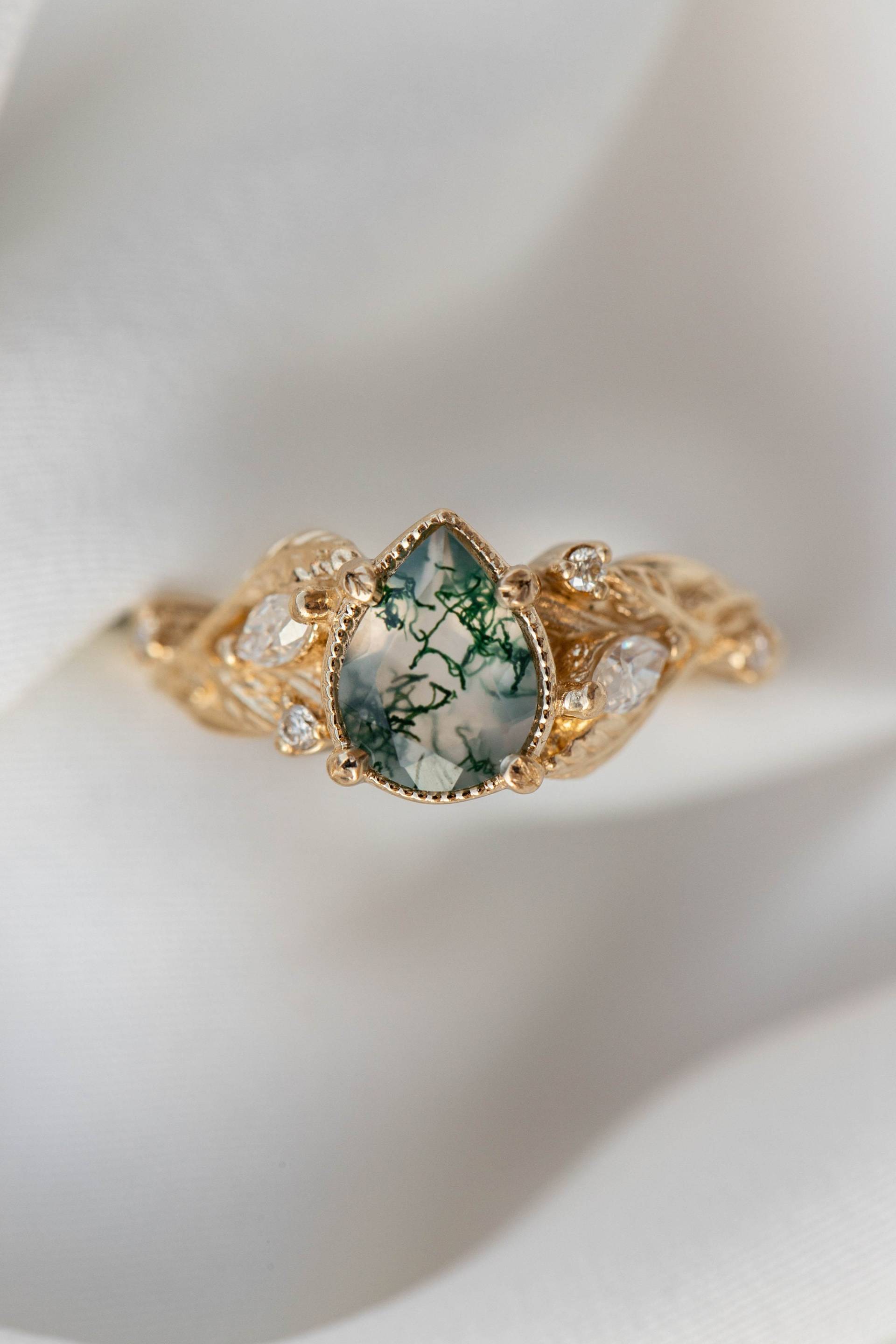 Pear Moss Achat Verlobungsring Mit Marquise Diamant Blätter, Natur Inspiriert Ring Für Elfen Verlobung, 14K Oder 18K Gold von EdenGardenJewelry