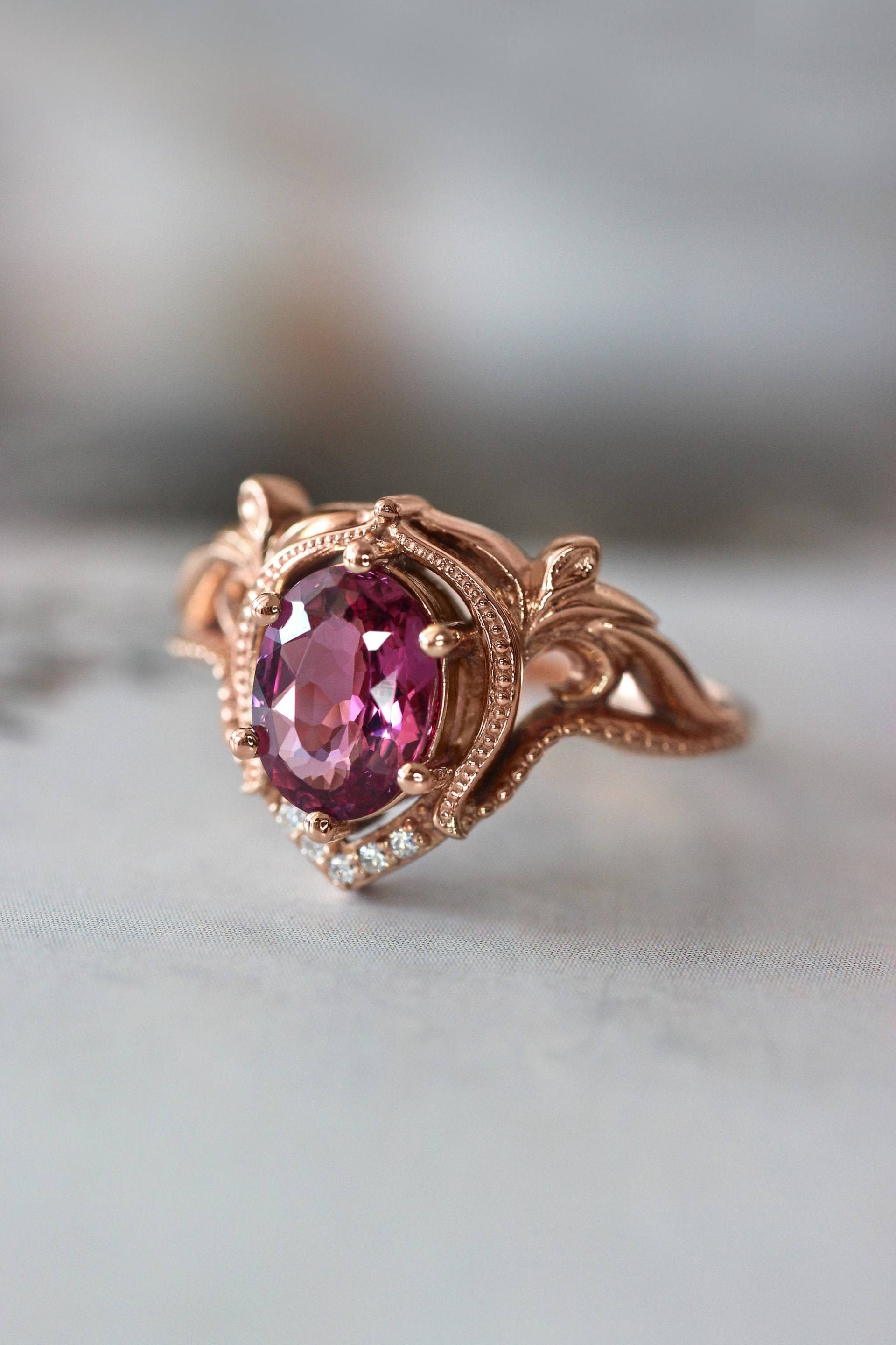 Rhodolith Granat Verlobungsring, Roségold Und Diamanten, Jugendstil Floraler Ring, Rosafarbener Edelsteinring von EdenGardenJewelry