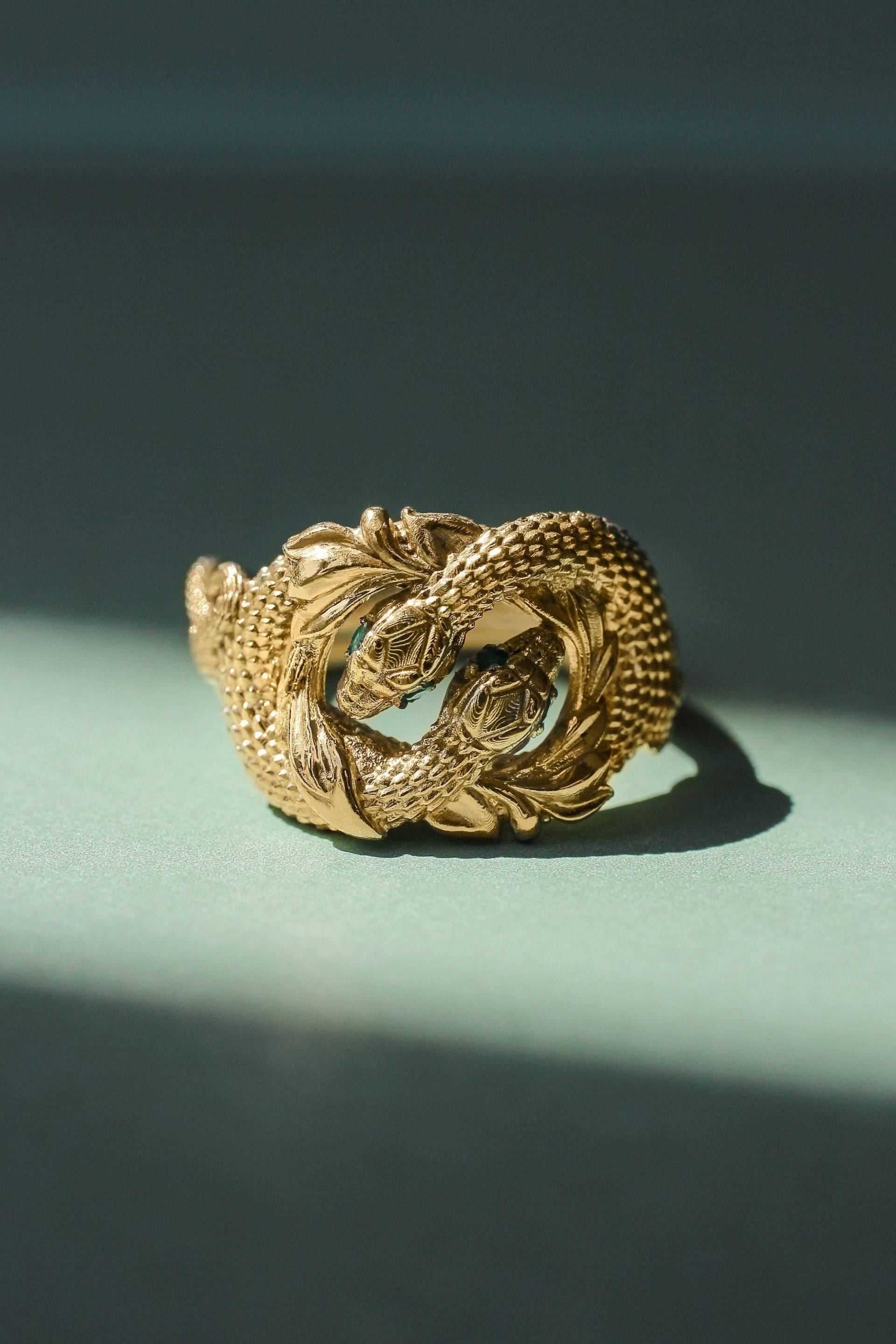 Ring Von Barahir Mit Smaragden, Goldring, Statement-Ring Zwei Schlangen, Smaragdring, Einzigartige Für Mann, Geschenk Ihn, Herr Der Ringe von EdenGardenJewelry