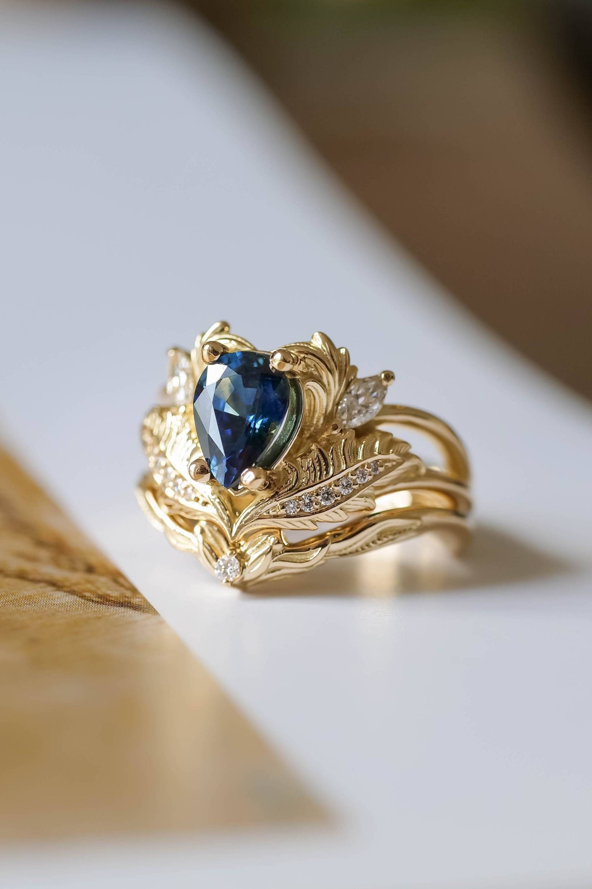 Royal Blue Sapphire Braut Set Ringe Einzigartig, Saphir Verlobungsring & Diamant Blatt Ehering, Ehering Für Frauen 14K/18K Gold von EdenGardenJewelry