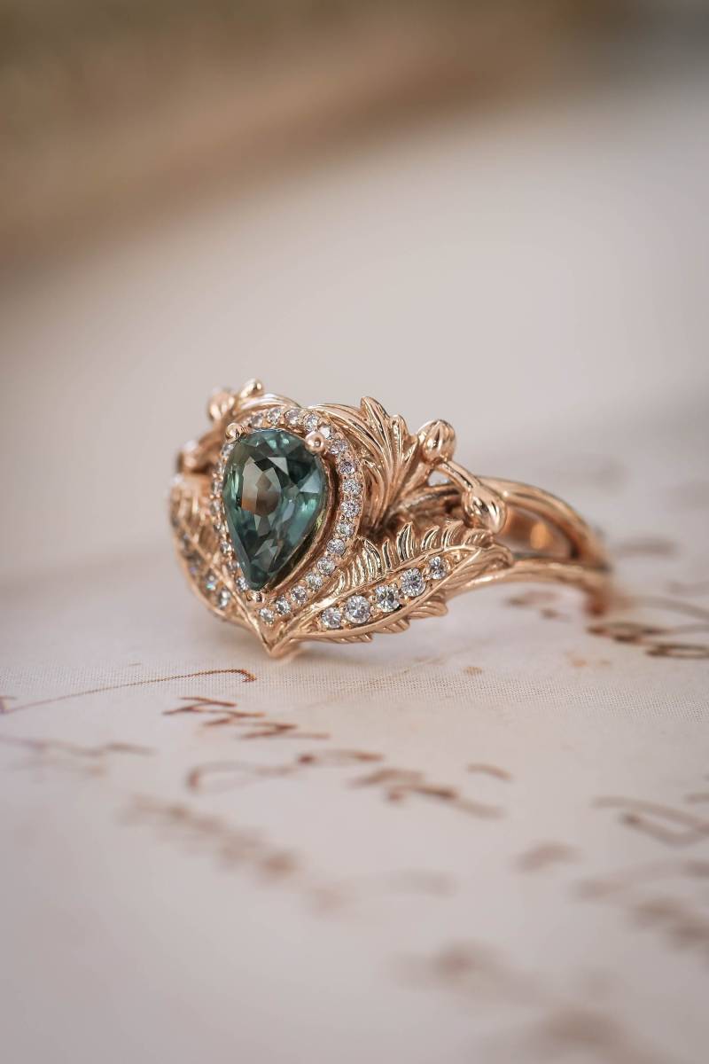 Blaugrüner Saphir Verlobungsring Mit Diamanten, Natur Inspirierter Ring, Blattring, Goldring Verlobungsring, Diamant Halo Ring von EdenGardenJewelry