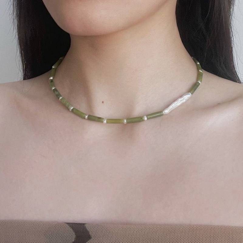 Jade Röhrenperlen Mit Barockperlen | Vorbestellung von EdenStudioNY