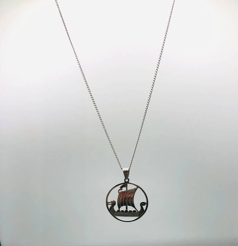 sterling Silber Drachenkopf Wikinger Schiff Anhänger Halskette Vintage von Edenagorajewellery