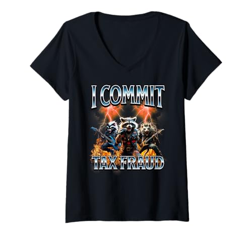 Damen I Commit Tax Fraud Brainrot Bootleg Waschbär Metall Lustiges Meme T-Shirt mit V-Ausschnitt von Edgy Cringe Humor Tax Fraud Metal Concert Joke