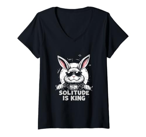 Damen Grumpy Bunny SOLITUDE IS KING Introvertierter Humor Lustiges Kaninchen T-Shirt mit V-Ausschnitt von Edgy Grumpy Bunny Lover Apparel Anti-Social Vibes