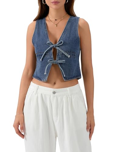 Edhomenn Damen Front Tie Up Denim Tank Crop Tops Sommer Ärmellos Tiefer V-Ausschnitt Denim Weste Tops, A-Blau, S von Edhomenn
