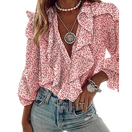 Edhomenn Damen-Hemd mit Knopfleiste, Rüschenhemd, einfarbig, Blumendruck, Oberteil, V-Ausschnitt, Langarmbluse, Streetwear, 03 Rosa, S Edhomenn Damen-Hemd mit Knopfleiste, Rüschenhemd, einfarbig, Blumendruck, Oberteil, V-Ausschnitt, Langarmbluse, Streetwear, 03 Rosa, S von Edhomenn
