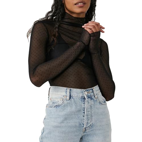 Edhomenn Damen-Langarm-Mesh-Top, Stehkragen, durchscheinende Netzbluse, tailliert, durchsichtig, florales Spitzenoberteil, Ba Black, Large von Edhomenn