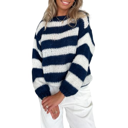 Edhomenn Damen Mode Streifen Pullover Rundhals Langarm Strickpullover Lose Herbst Pullover, 01 blau, S von Edhomenn