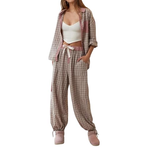 Edhomenn Damen Pyjama-Set, kariert, langärmelig, Knopfverschluss, Hemd mit elastischer Taille, Hose, Trainingsanzüge, Nachtwäsche, Loungewear, 01 Kaffee, 36 von Edhomenn