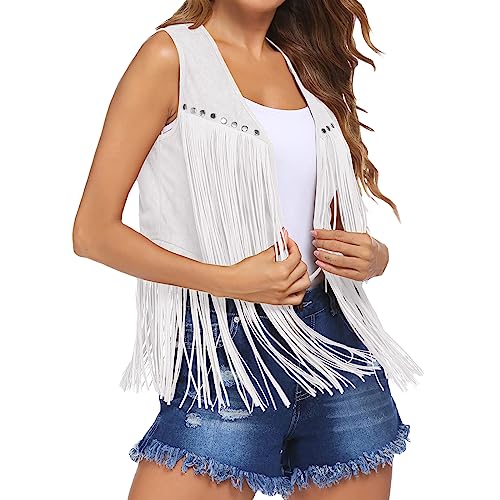 Edhomenn Damen Quaste Weste 70er Jahre Hippie Faux Wildleder Fransen Jacke Cardigan Einfarbig Offene Vorderseite Ärmellos Y2k Jacke, 01 weiß, 48 von Edhomenn