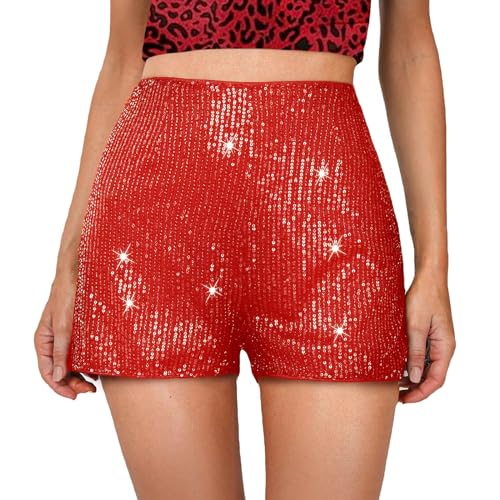 Edhomenn Damen-Shorts, hohe Taille, Pailletten, elastisches Band, glitzernd, gerades Bein, Y2K, Glitzer, Partyhose, 01 rot, M von Edhomenn