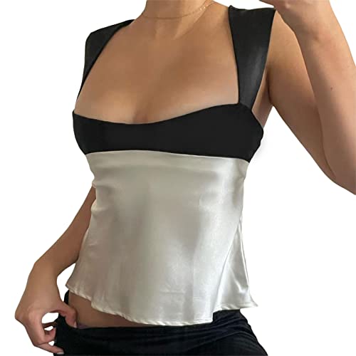 Edhomenn Damen Y2k Camisole Tank Kontrastfarbe Low Cut Weste Tops Patchwork Rücken Schnürung Crop Tops Ärmellos Rückenfrei Sommer Tops, 01 weiß, M von Edhomenn