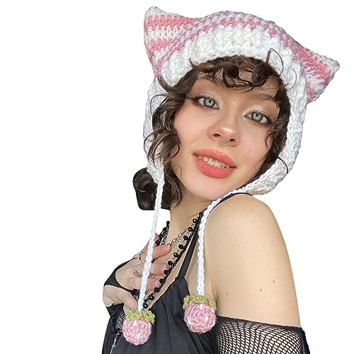 Edhomenn Frauen Katze Beanies Grunge Goth Beanies Katze Ohr Hut Y2k Crochet Beanie für Mädchen Streetwear, 01 Rosa, Einheitsgröße von Edhomenn