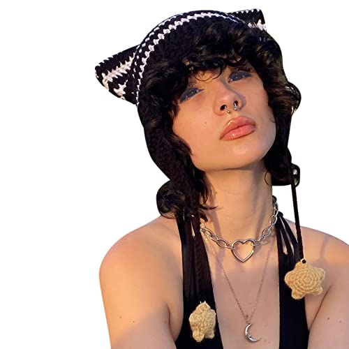 Edhomenn Frauen Katze Beanies Grunge Goth Beanies Katze Ohr Hut Y2k Crochet Beanie für Mädchen Streetwear, 01 Schwarz Weiß, Einheitsgröße von Edhomenn