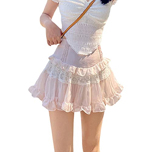 Edhomenn Frauen Y2k Rock Nette Flowy Mini Röcke Hohe Taille Spitze Patchwork Rüschen Saum A-Linie Röcke, 01 Rosa, 44 von Edhomenn
