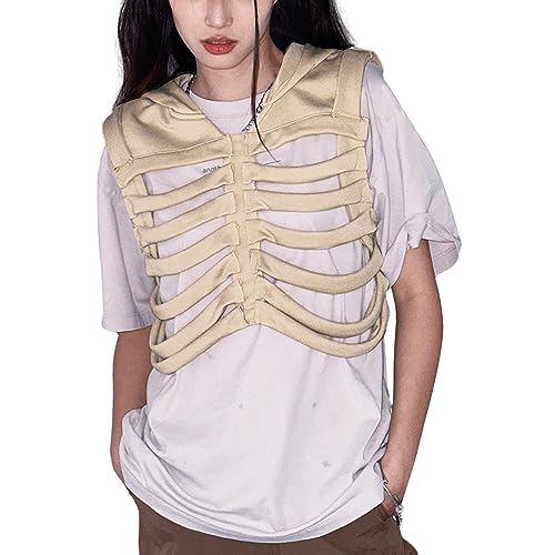 Edhomenn Mode Weste für Erwachsene Ärmellos Mit Kapuze Weste Ausgehöhlte Skelett Gilet Hoodie 2023 Y2k Tops Streetwear, 01 Braun, 42 von Edhomenn