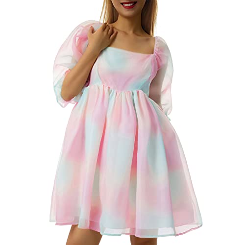 Edhomenn Tüll Prinzessin Kleid für Frauen Kurze Puffärmel Big Hem Kleid Tie-Dyed Printing Square Collar Bubble Party Kleid Damen Nette Abendkleid, 01 Mehrfarbig, Small von Edhomenn