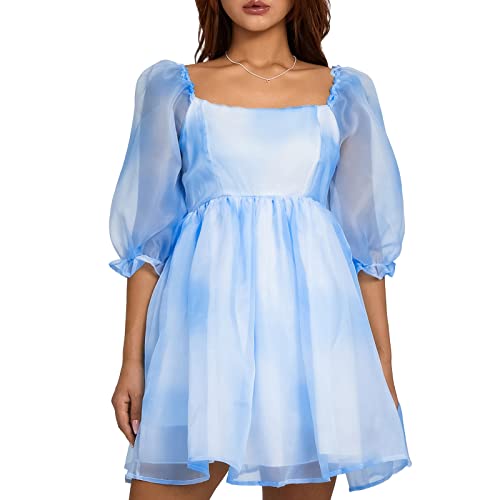 Edhomenn Tüll Prinzessin Kleid für Frauen Kurze Puffärmel Big Hem Kleid Tie-Dyed Printing Square Collar Bubble Party Kleid Damen Nette Abendkleid, 05 blau, Medium von Edhomenn