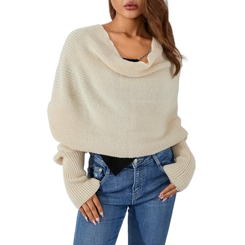 Edhomenn Wollschal für Frauen Stricken Wrap Pullover Multi-Use Solid Color Y2k Herbst Winter Schal mit langen Ärmeln, 01 Beige, One size von Edhomenn