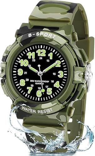Edillas Armbanduhr Kinder,Kinderuhr Jungen Mädchen Analog Quarz Uhr mit Wasserdicht Outdoor Sports Kautschuk Uhren 5-16 Geschenk（Camouflage-Grün） von Edillas