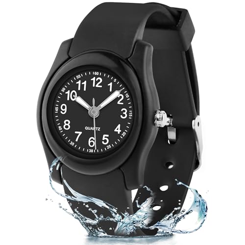 Edillas Kinderuhr Analog für Jungen Mädchen,wasserdichte Armbanduhr Jungen Mädchen Kinder Kleinkind zum Leicht zu lesen Lernen Zeitschule mit Weichem Riemen Lernen Uhren (Schwarz-8841) von Edillas