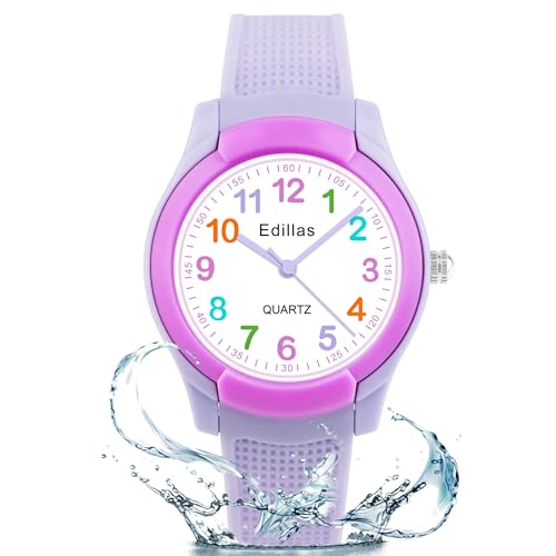 Edillas Kinderuhr Analog für Jungen Mädchen,wasserdichte Armbanduhr Jungen Mädchen Kinder Kleinkind zum Leicht zu lesen Lernen Zeitschule mit Weichem Riemen Lernen Uhren von Edillas