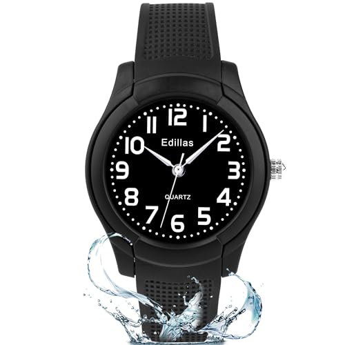 Edillas Kinderuhr Analog für Jungen Mädchen,wasserdichte Armbanduhr Jungen Mädchen Kinder Kleinkind zum Leicht zu lesen Lernen Zeitschule mit Weichem Riemen Lernen Uhren von Edillas
