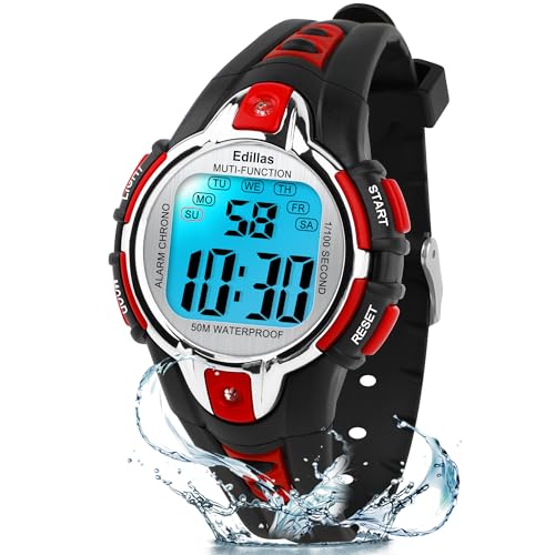 Edillas Kinderuhr Mädchen Jungen Digital,7 Farben Licht Digital Armbanduhr für Kinder wasserdichte Sport Outdoor Multifunktionale digital Uhren mit Stoppuhr/Alarm von Edillas