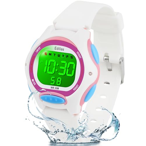 Edillas Jungen Mädchen Digitaluhr Kinder, 7 Farben Wasserdicht mit Lichtern, Multifunktionale Sport Outdoor Kinder Geschenk Uhr Für Jungen und Mädchen mit Stoppuhr/Alarm (Weiß) von Edillas