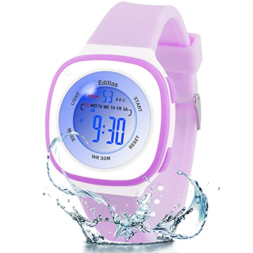 Edillas Kinderuhr Digital Mädchen Jungen,7 Farben Licht Armbanduhr für Kinder wasserdichte Sport Outdoor Multifunktionale digital Uhren mit Stoppuhr/Alarm Alter 4-15 (Lila) von Edillas