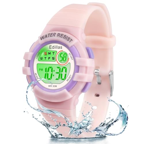 Edillas Jungen Mädchen Digitaluhr Kinder, 7 Farben Wasserdicht mit Lichtern, Multifunktionale Sport Outdoor Kinder Geschenk Uhr Für Jungen und Mädchen mit Stoppuhr/Alarm von Edillas