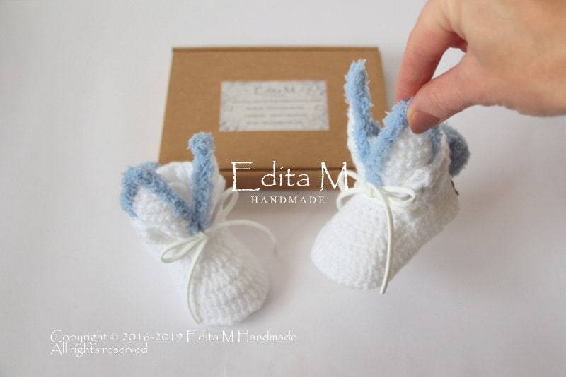 Unisex Baby Booties, Hasenschuhe, Gehäkelte Häschenschuhe, Gestrickte Babyschuhe, 0-3, 3-6, 6-9 Monate, Kaninchen Hausschuhe, Ankündigung von EditaMHANDMADE