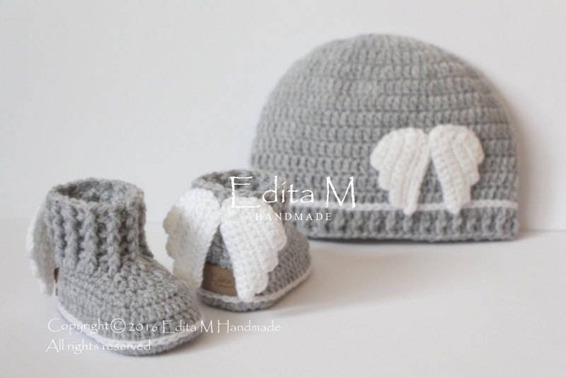Unisex Baby Set, Engel Flügel Gehäkelt, Neugeborene Größe, Booties, Schuhe Mit Flügel, Mütze, Grau, Babyparty, Geschenk Für Unisex Baby Set, Engel Flügel Gehäkelt, Neugeborene Größe, Booties, Schuhe Mit Flügel, Mütze, Grau, Babyparty, Geschenk Für von EditaMHANDMADE
